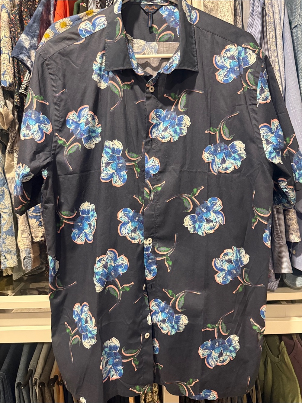 Good Man Brand Navy Short-Sleeve Floral Button-Up Shirt